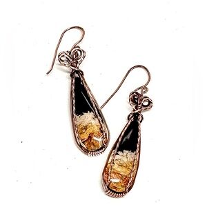 HAND CREATED Petrified Palm Root Wire Wrapped Copper Dangle Earrings, Handmade